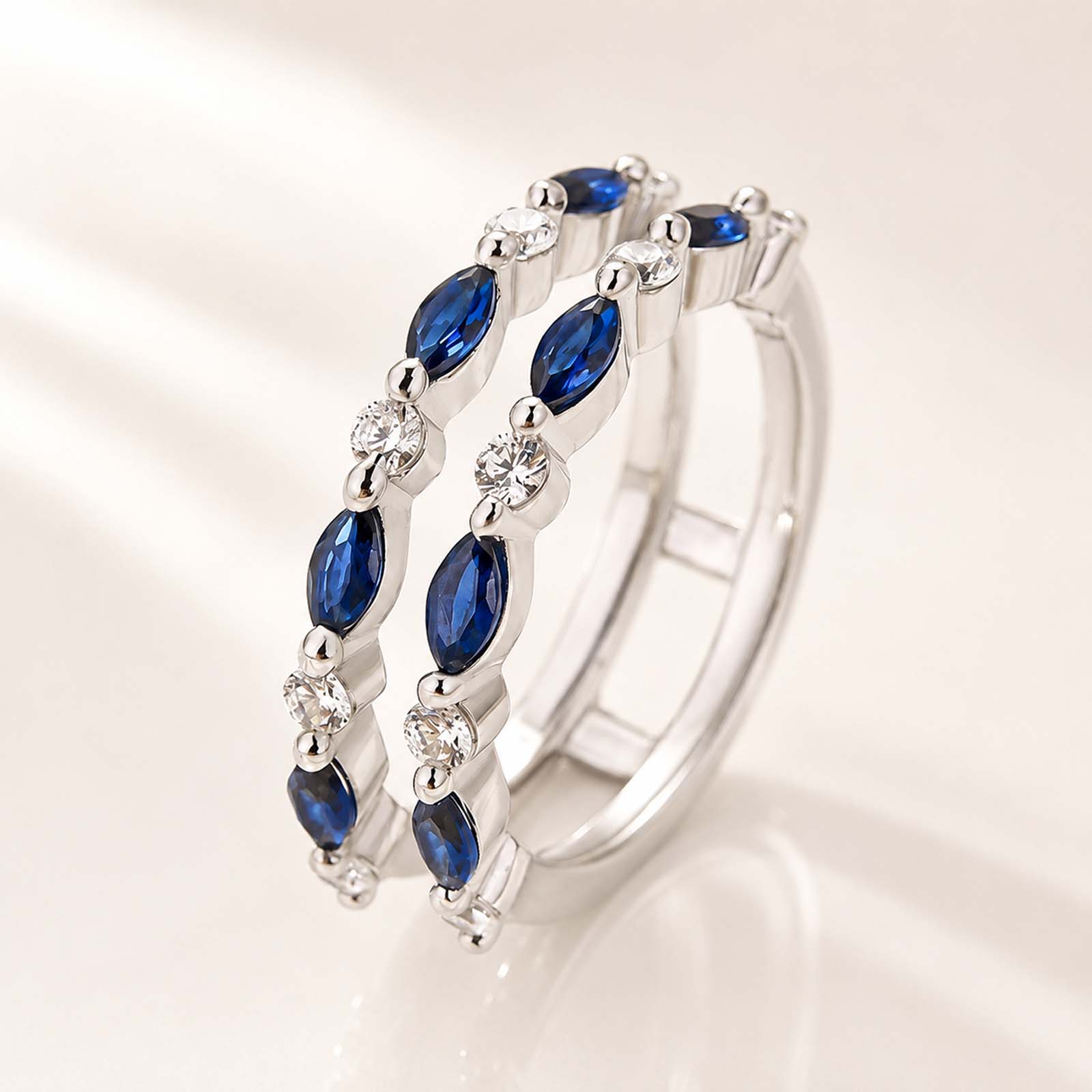 1.0Ct Blue & White Stone Marquise&Round Cut Unique Insert Stackable Band
