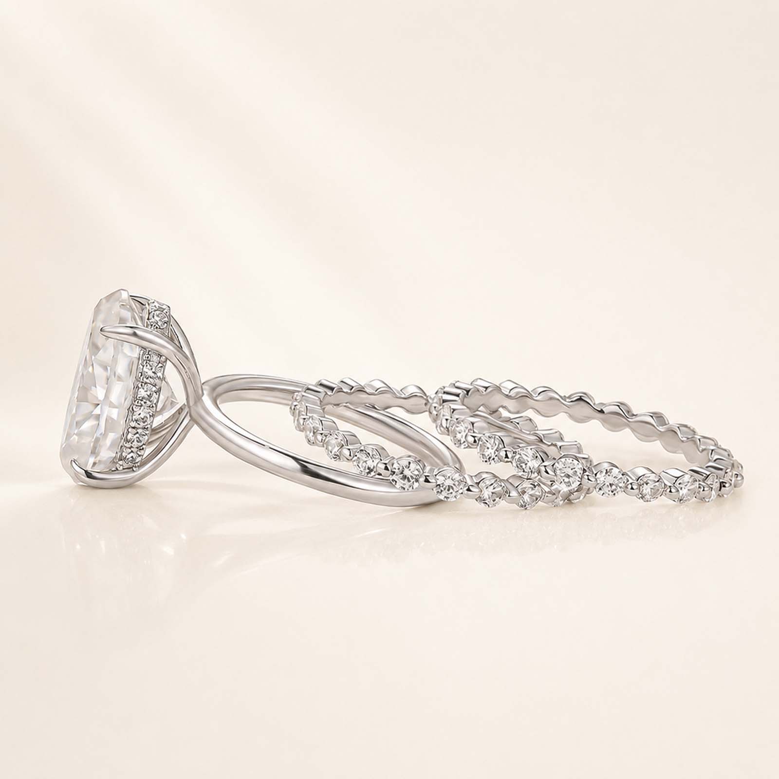 Moissanite 5.5Ct Oval Cut Hidden Halo Ring with 1.5 Ct Round Cut White Gold Plated Band