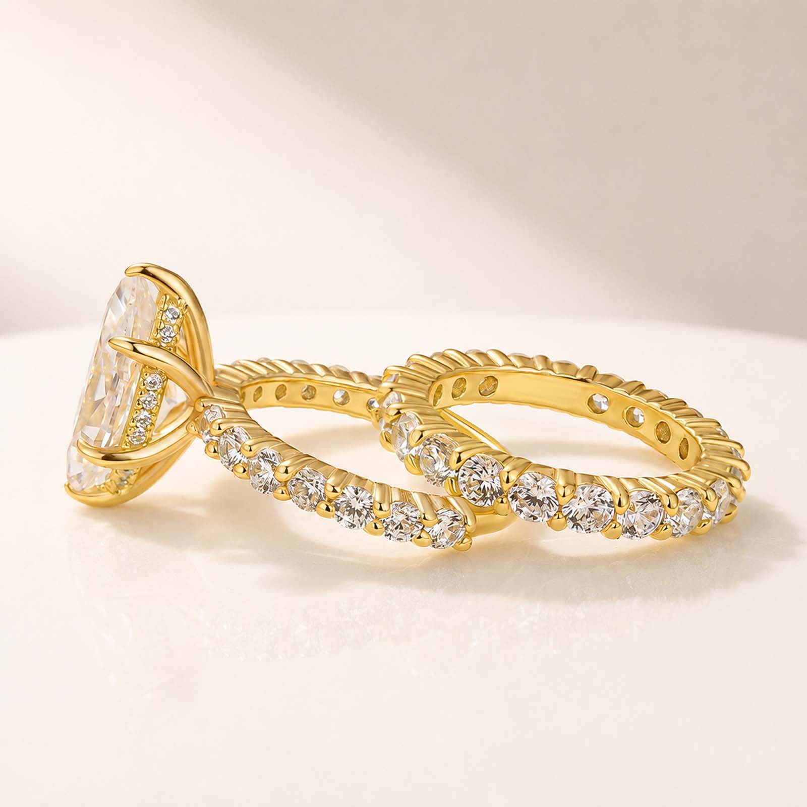 Moissanite 3.0 Ct Marquise Cut Side Stone Yellow Gold Date Ring & Stackable Ring Set