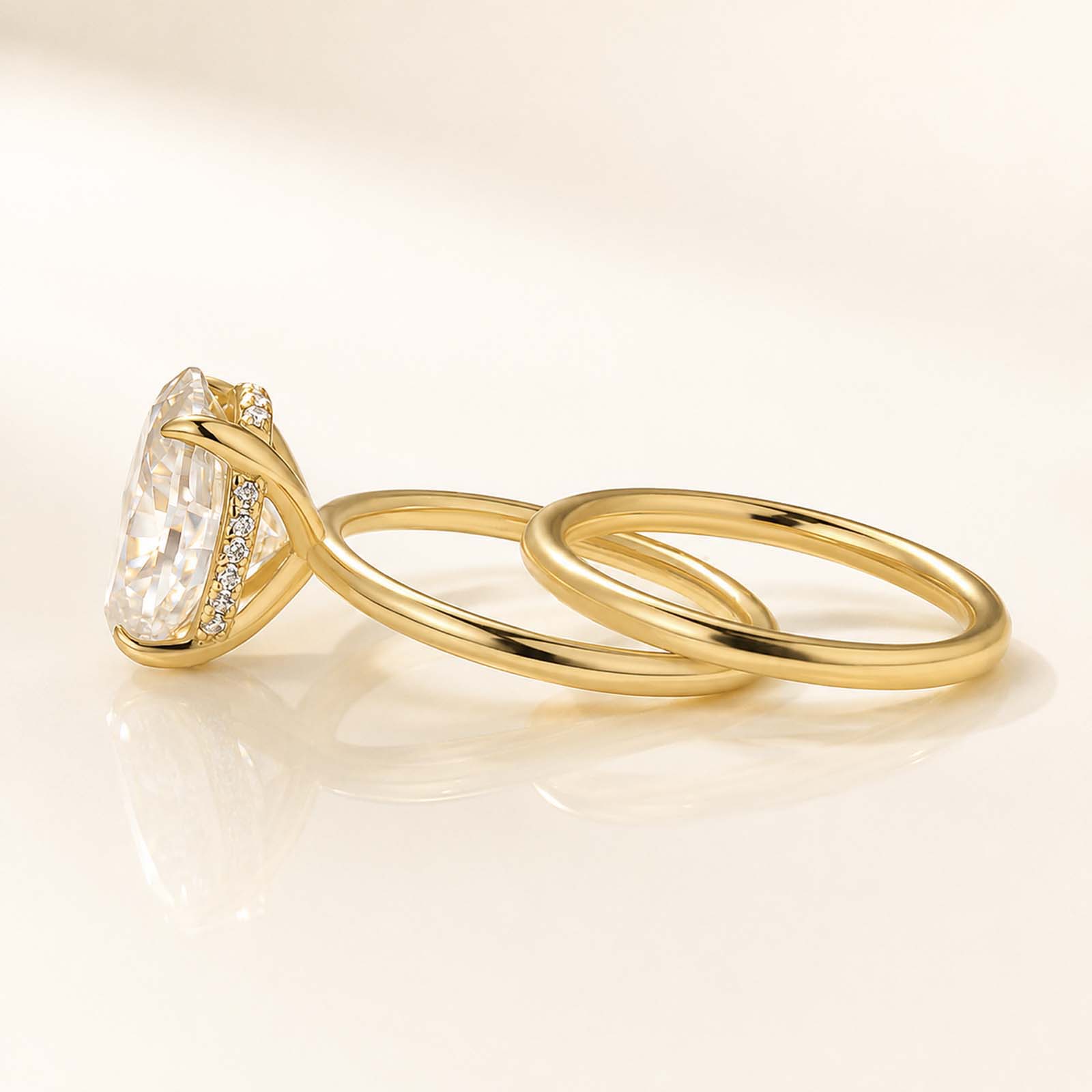 Moissanite 4.0Ct Oval Cut Hidden Halo Date Ring with Plain Band Stackable Everyday Wearable Ring Set