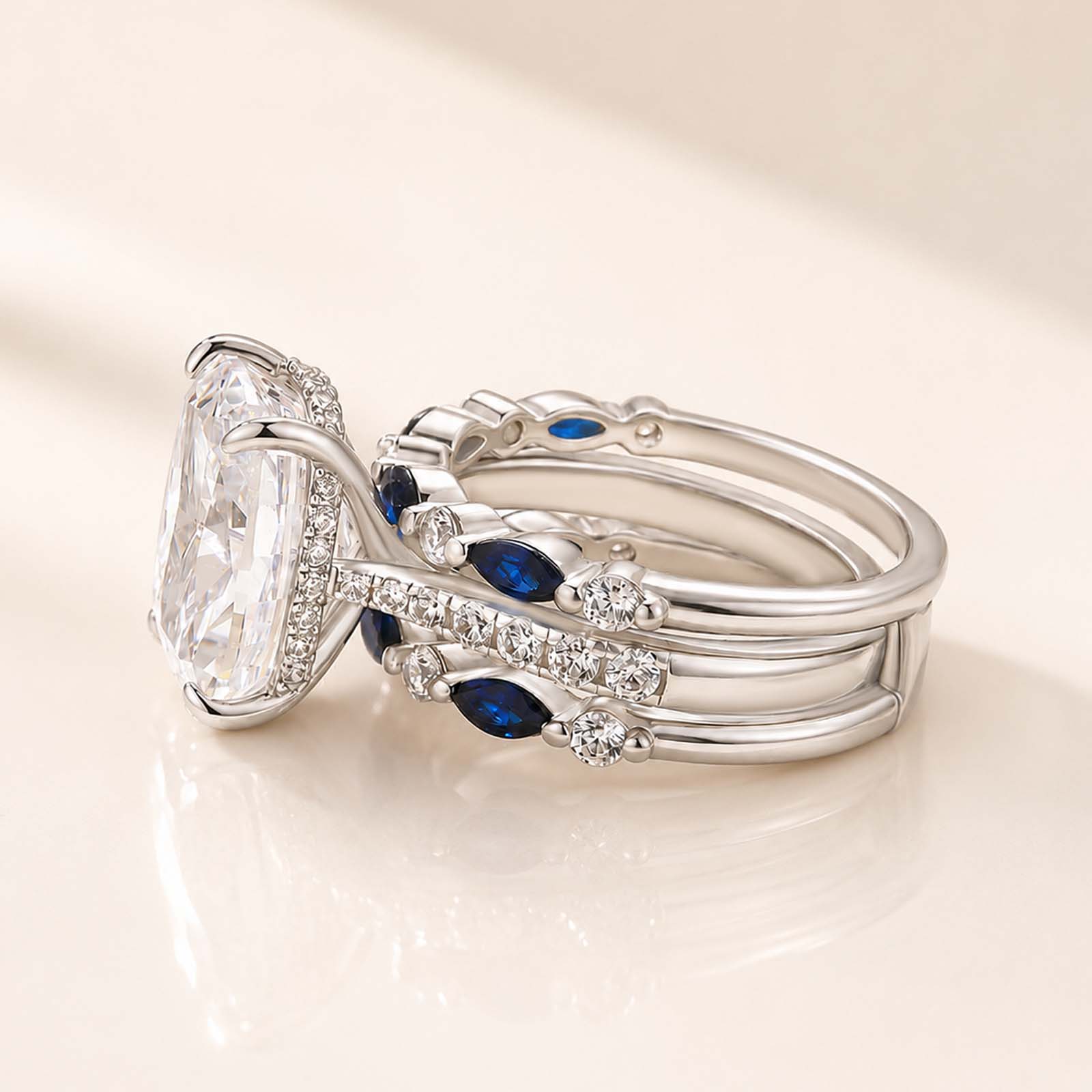 Unique 6.5Ct Cushion Cut Ring With White & Blue Stone Band Enhancer Ring Set For Women