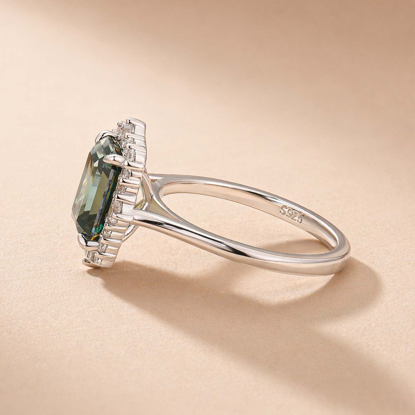 Moissanite Halo 3.0Ct Green Emerald Cut Luxe Rings For Women