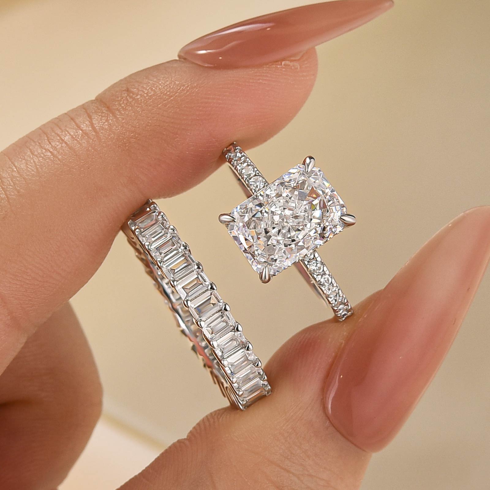 3.5Ct Radiant Cut Wedding Ring Set With Emerald Cut Wedding Band - Velirellajewelry