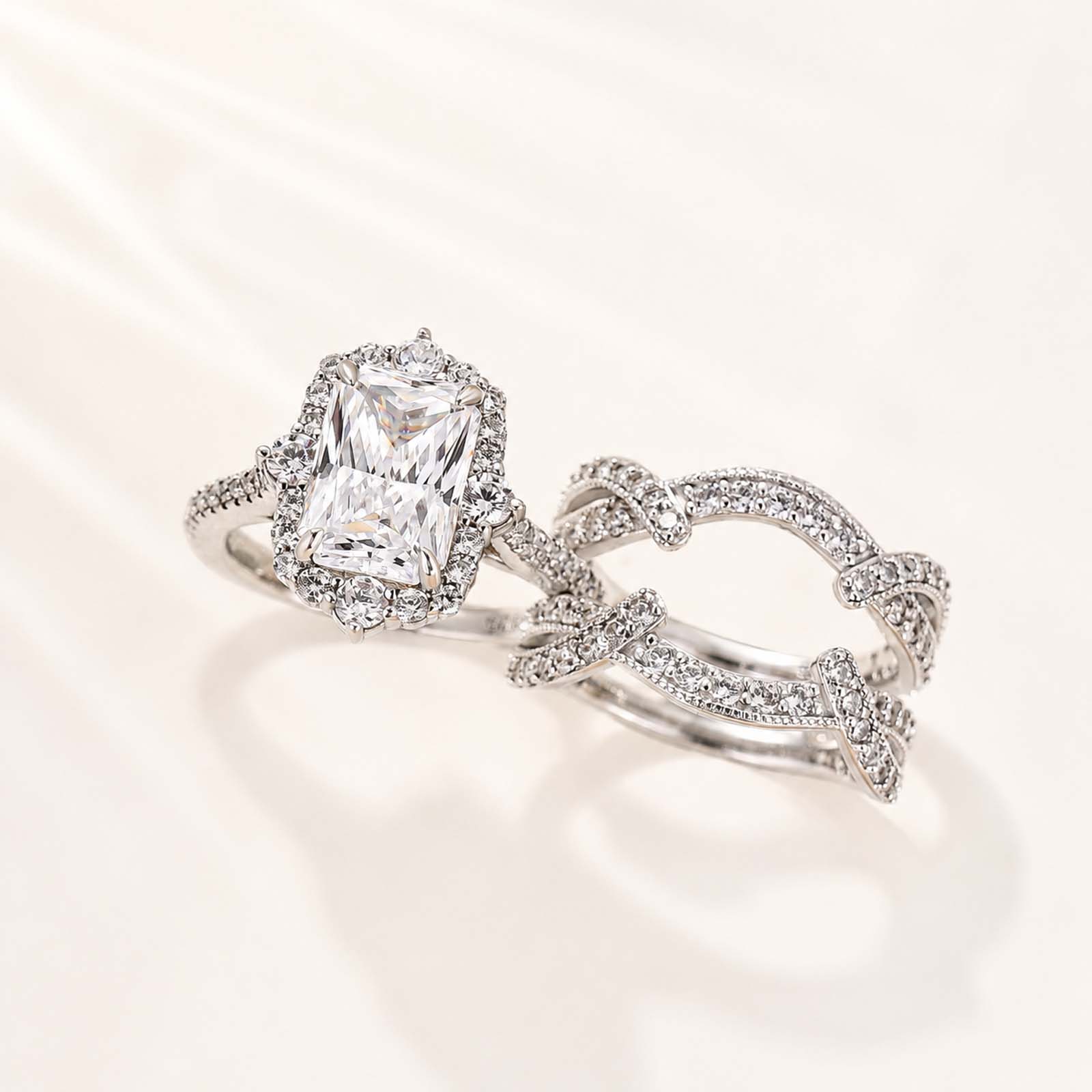 Vintage 3.0Ct Radiant Cut Halo Insert Enhancer Ring Set For Women Everyday Wear