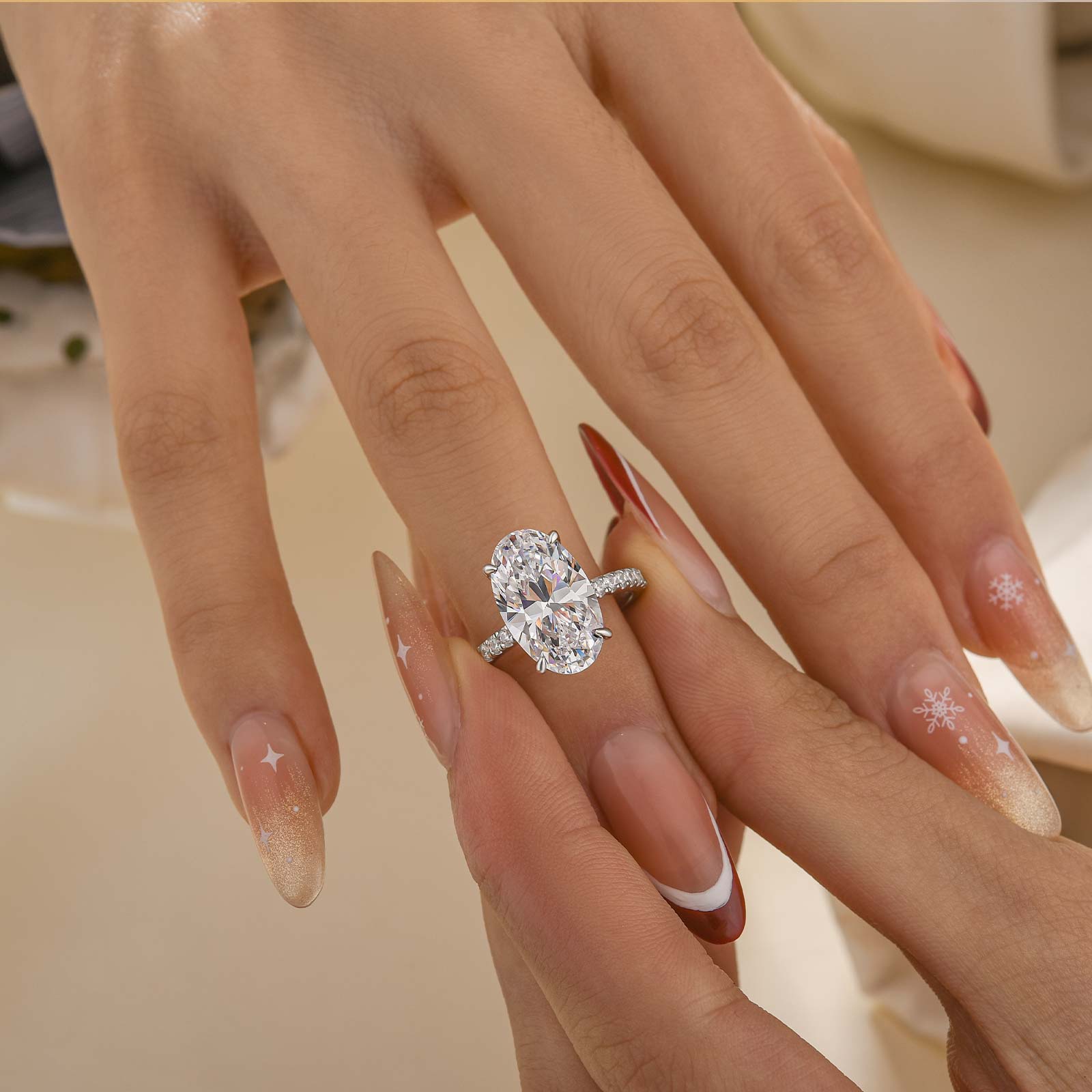 5.0Ct Oval Cut Hidden Halo Engagement Ring In Brass - Velirellajewelry