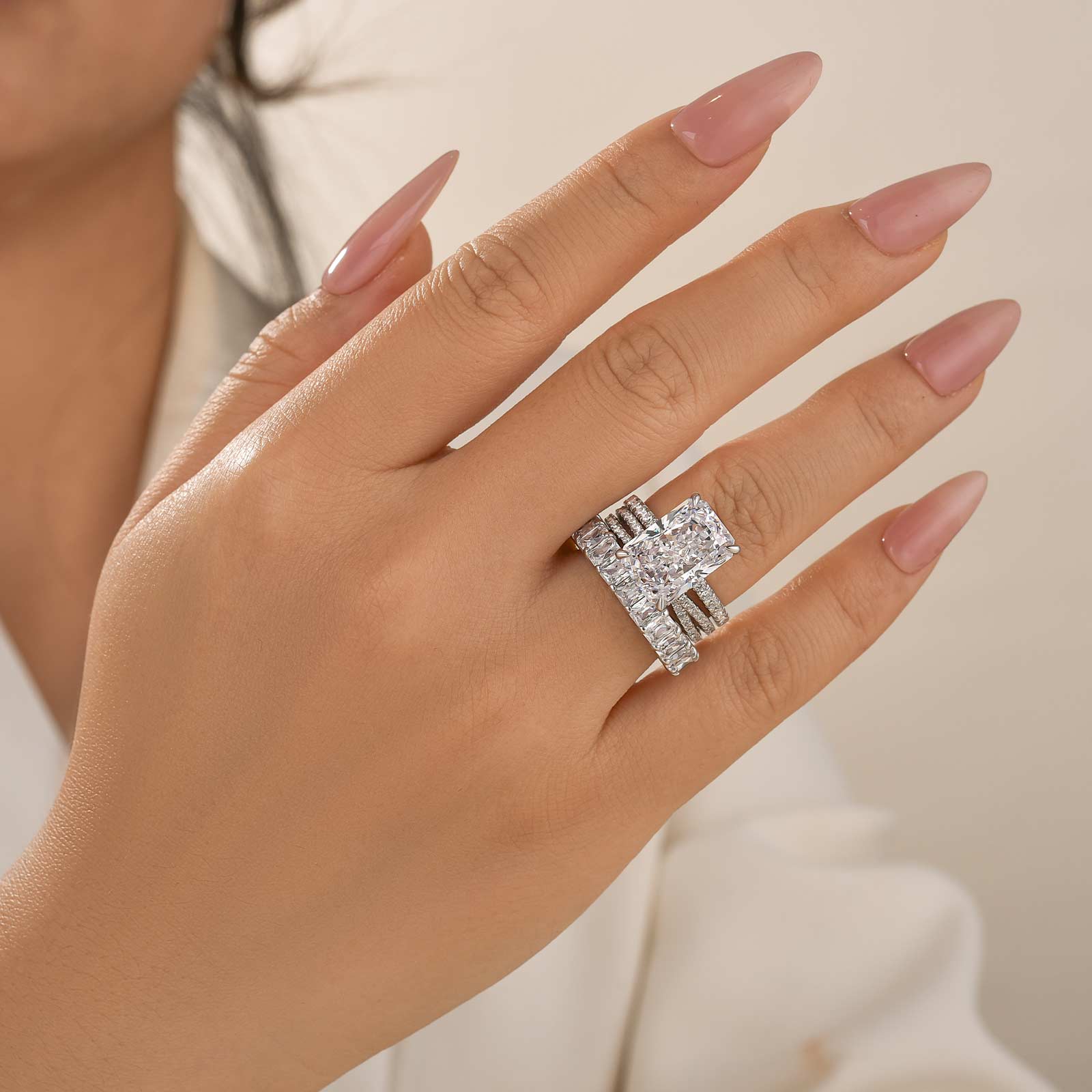 3PC Wedding Sets 7.0Ct Radiant Cut Hidden Halo Half Eternity Engagement Ring with 2PC Design wedding bands - Velirellajewelry