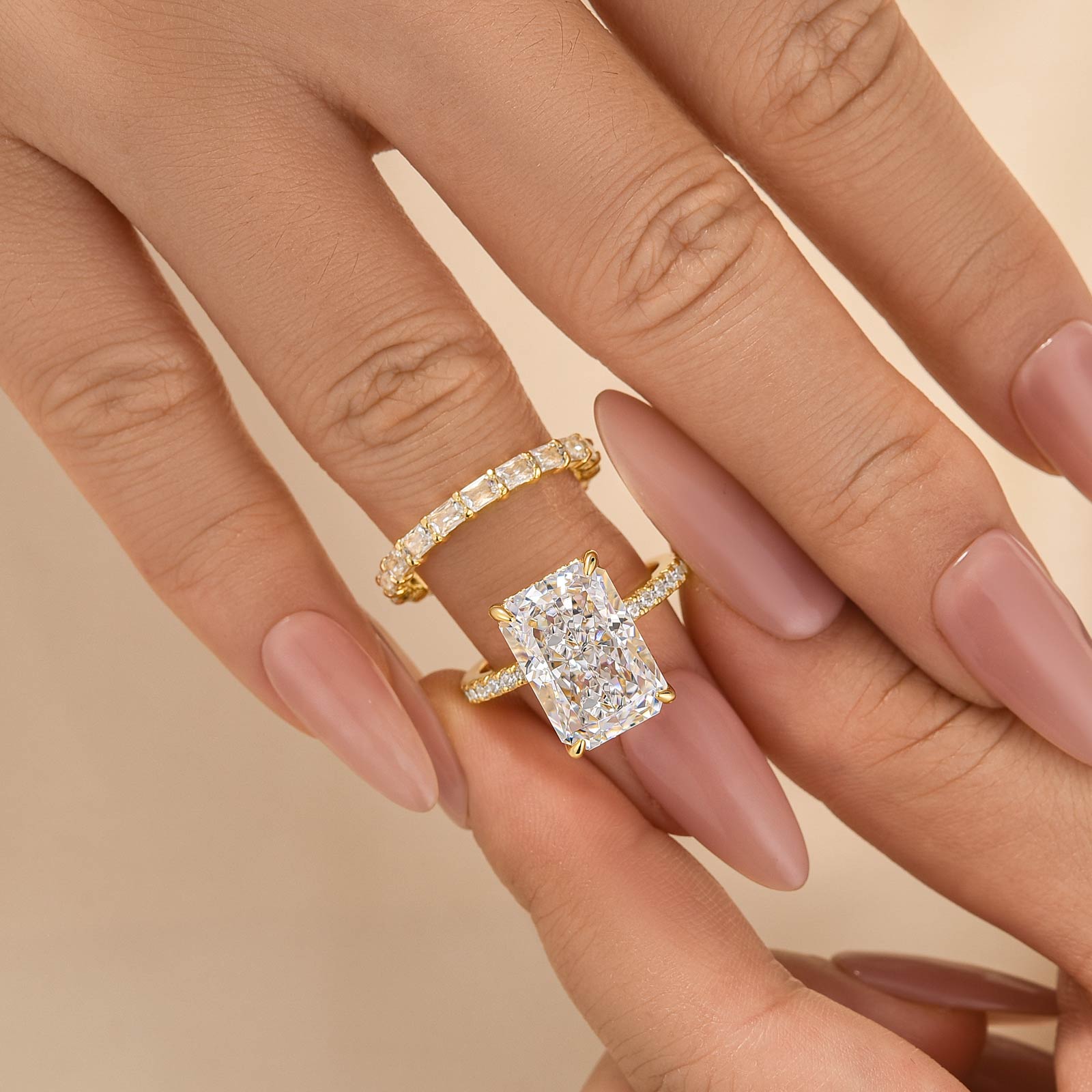 Brass 7.0Ct Radiant Cut Engagement Ring with Radiant Cut Wedding Band - Velirellajewelry