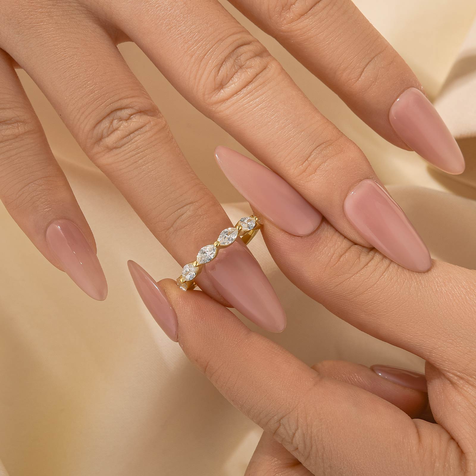 Elegant Marquise Cut Half Wedding Band In Brass - Velirellajewelry