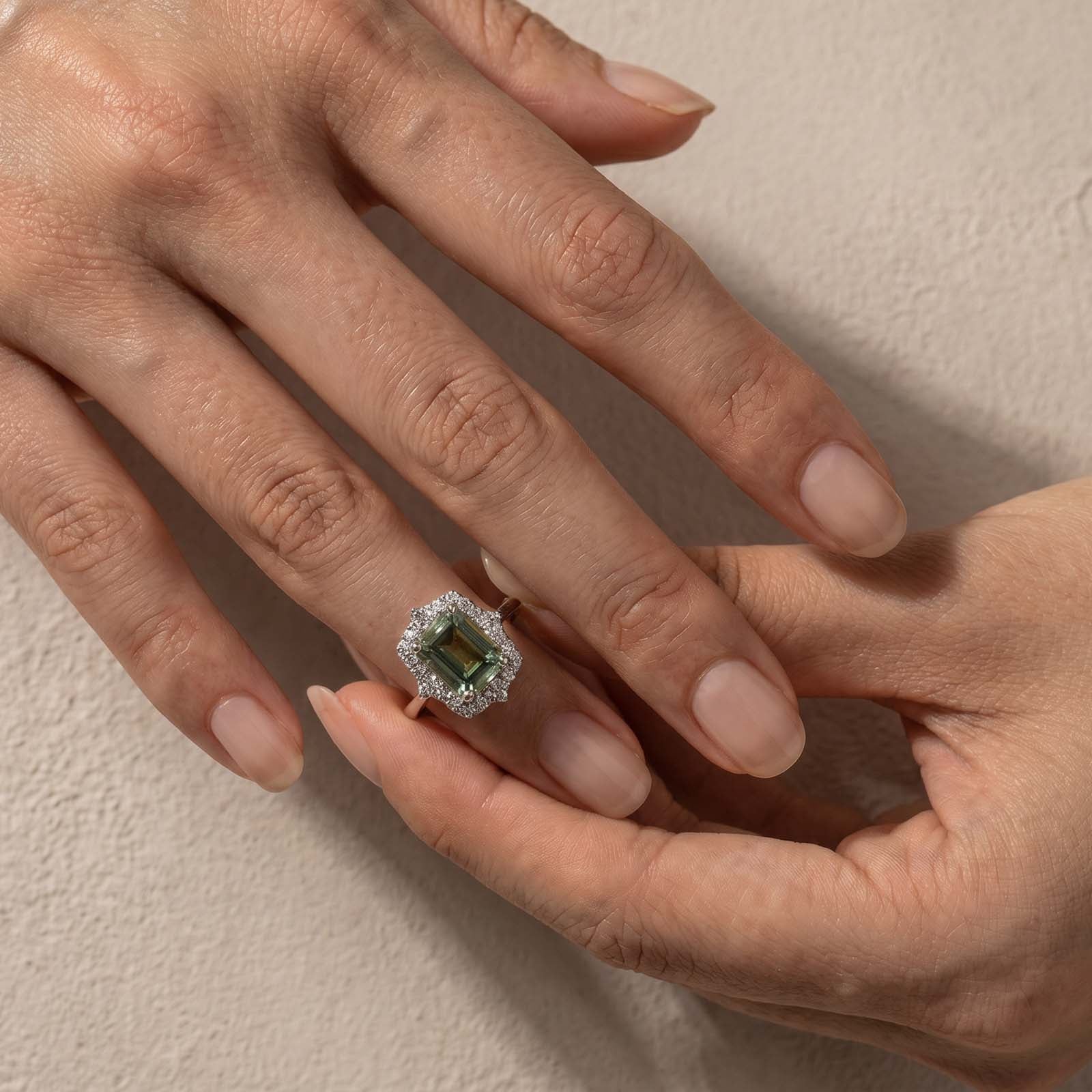 Moissanite Halo 3.0Ct Green Emerald Cut Luxe Rings For Women