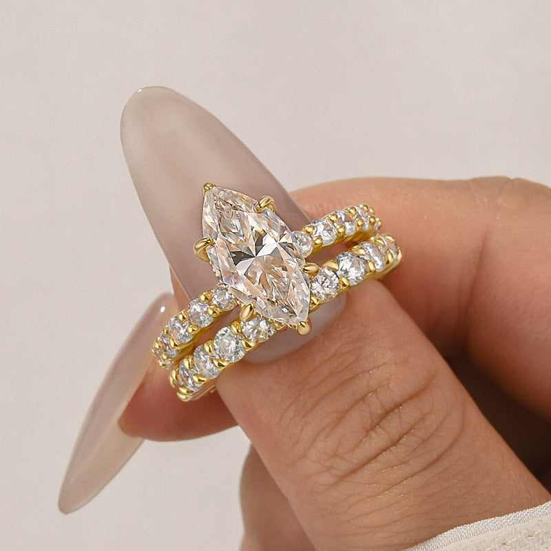 Moissanite 3.0 Ct Marquise Cut Side Stone Yellow Gold Engagement Ring/Wedding Set In Brass - Velirellajewelry