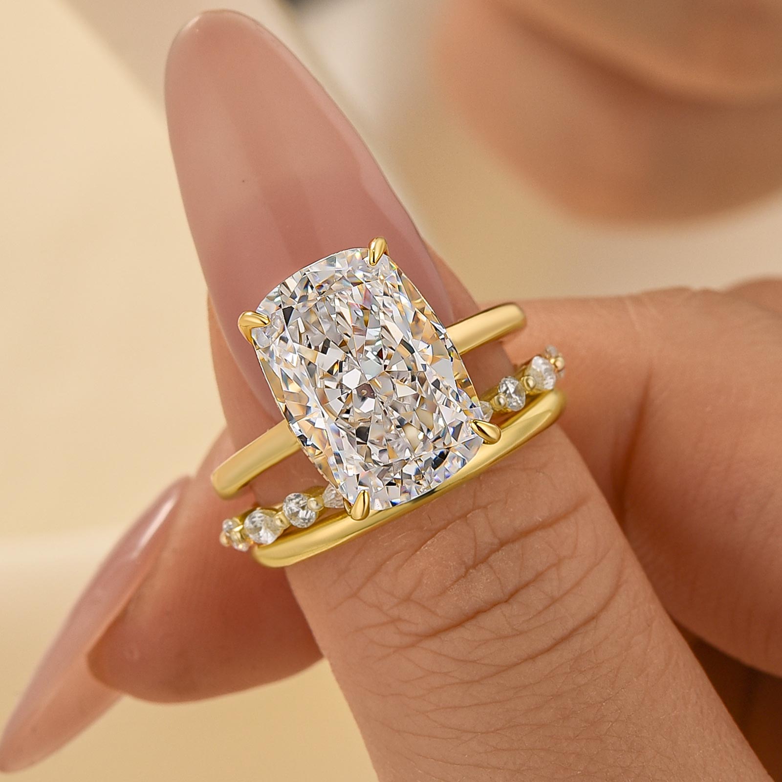 3PC Wedding Ring Set 8.5Ct Cushion Cut Hidden Halo Engagement Ring With Elegant Wedding Band - Velirellajewelry