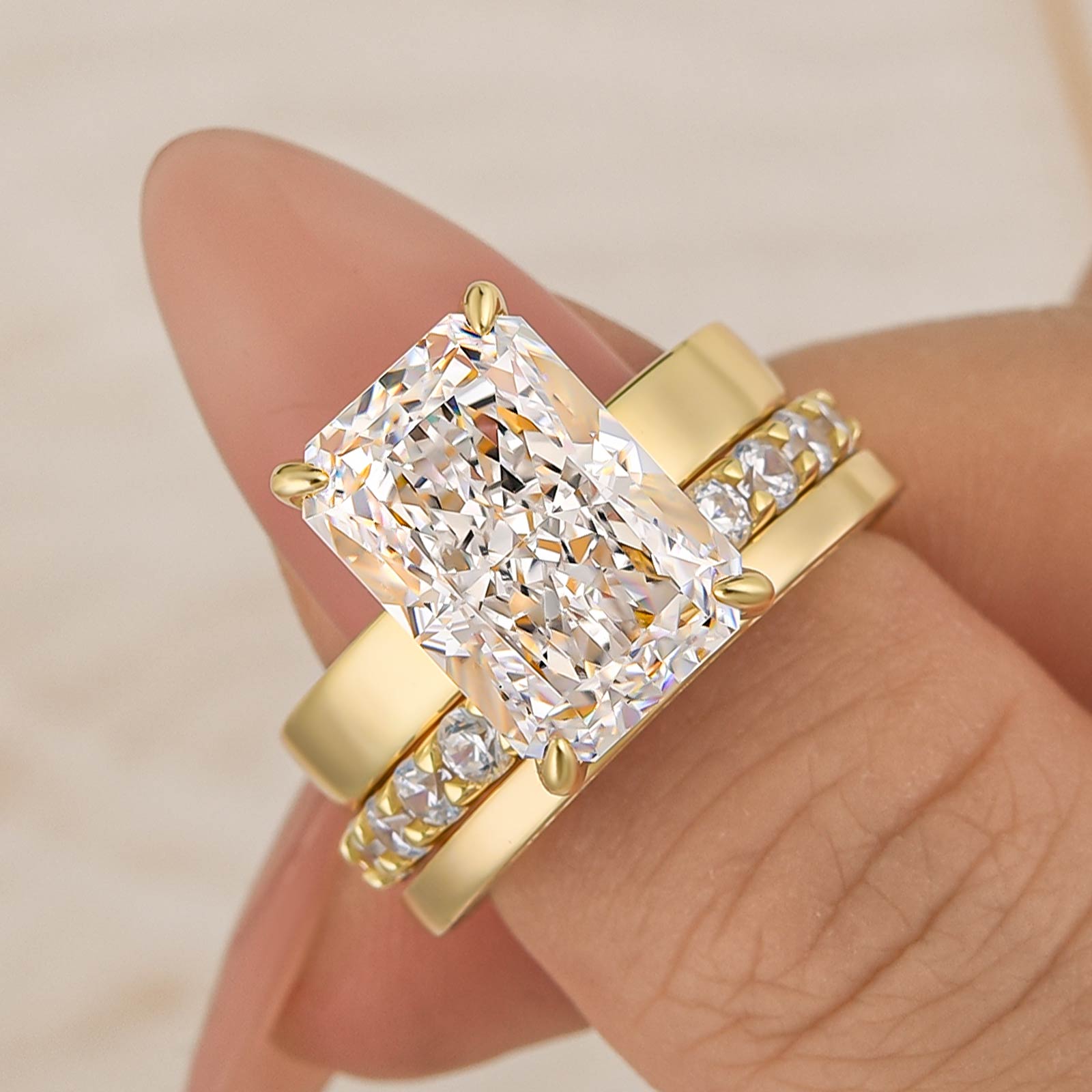 Brass 3PC 7.0Ct Radiant Cut Wide Band Yellow Gold Wedding Ring Set - Velirellajewelry