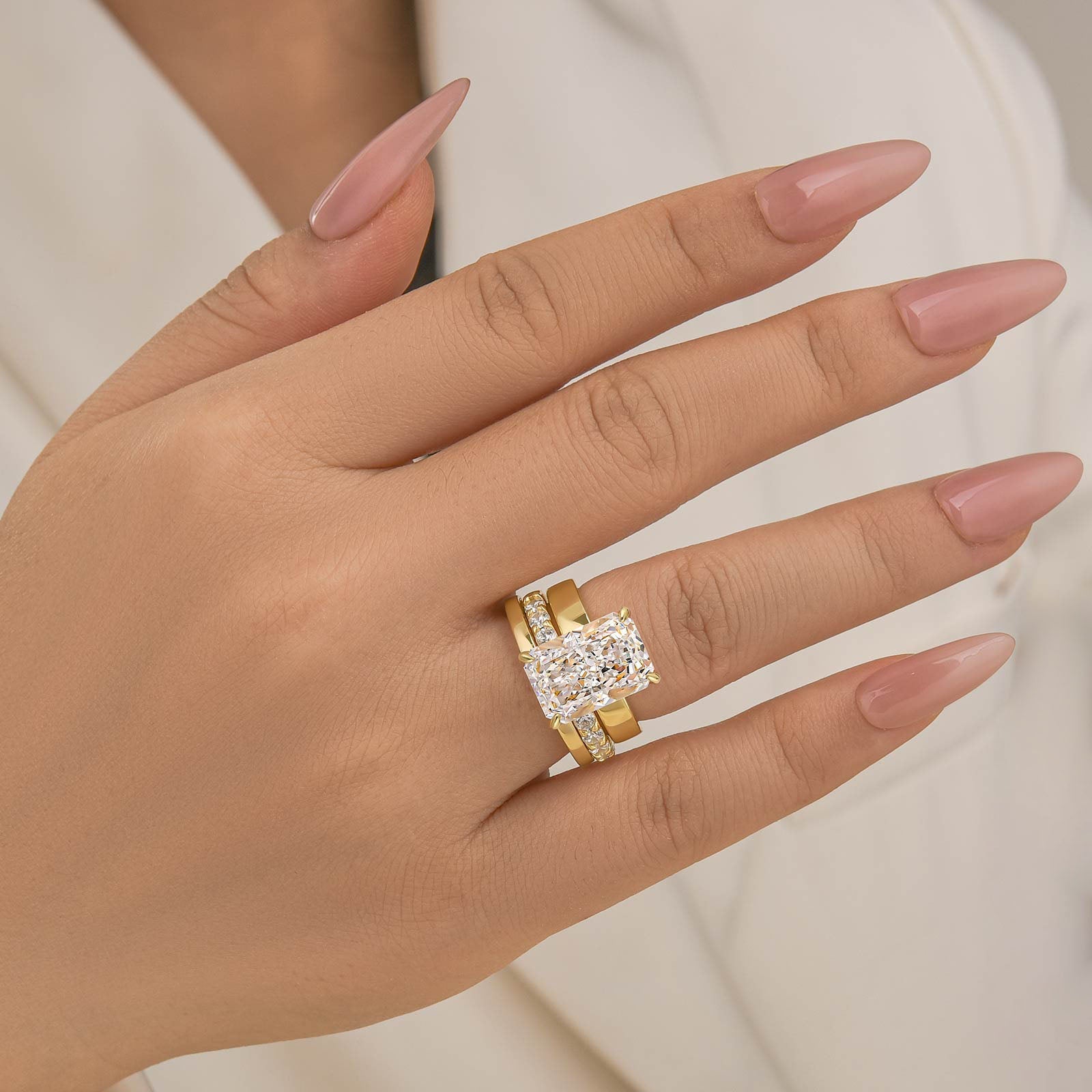 Brass 3PC 7.0Ct Radiant Cut Wide Band Yellow Gold Wedding Ring Set - Velirellajewelry