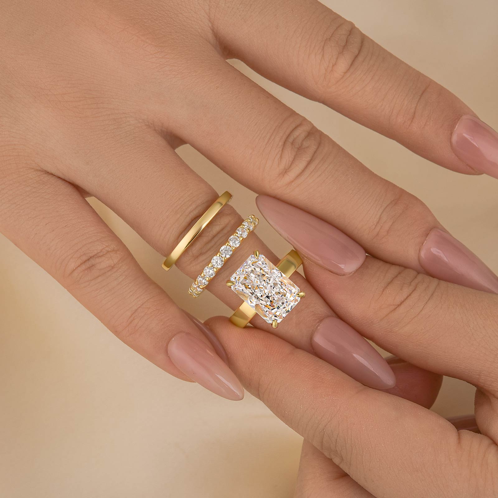 Brass 3PC 7.0Ct Radiant Cut Wide Band Yellow Gold Wedding Ring Set - Velirellajewelry