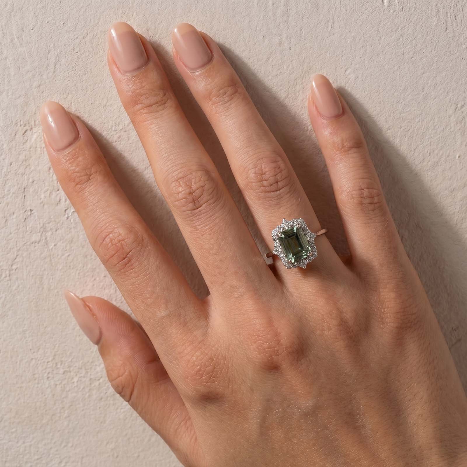 Moissanite Halo 3.0Ct Green Emerald Cut Luxe Rings For Women