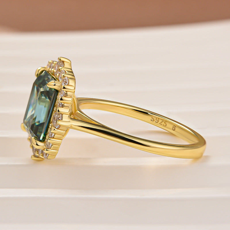 Moissanite 3.0Ct Yellow Gold Halo Emerald Stone Emerald Cut Engagement Ring - Velirellajewelry