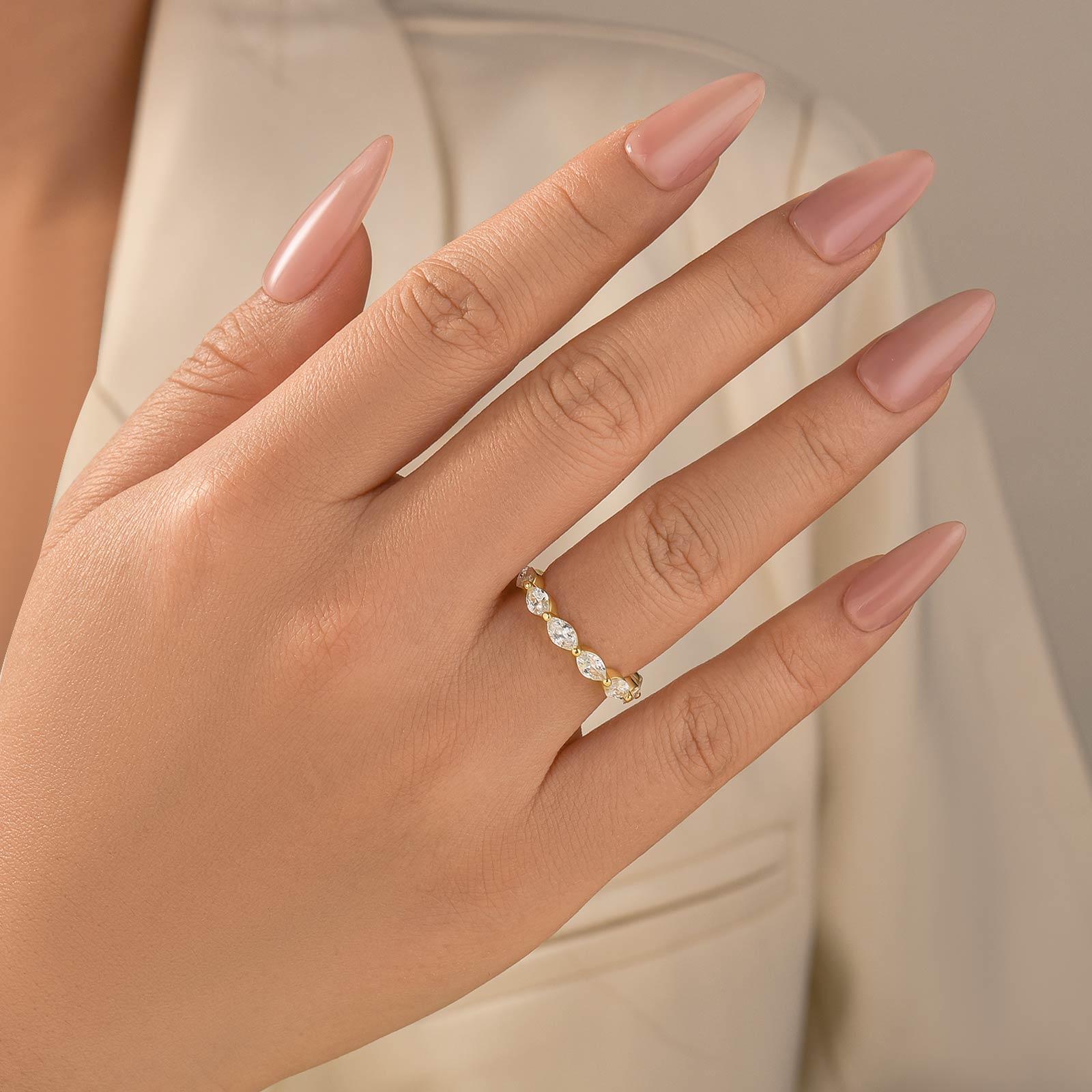 Elegant Marquise Cut Half Wedding Band In Brass - Velirellajewelry