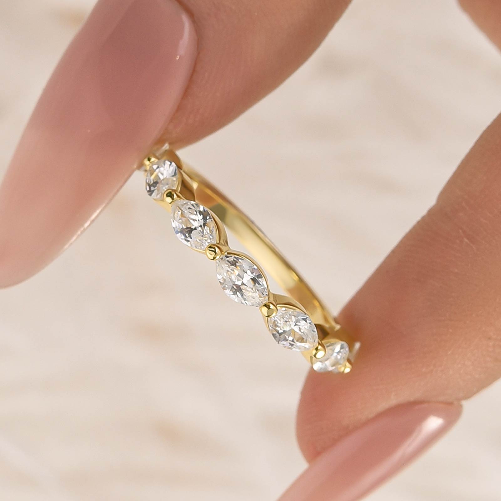 Elegant Marquise Cut Half Wedding Band In Brass - Velirellajewelry