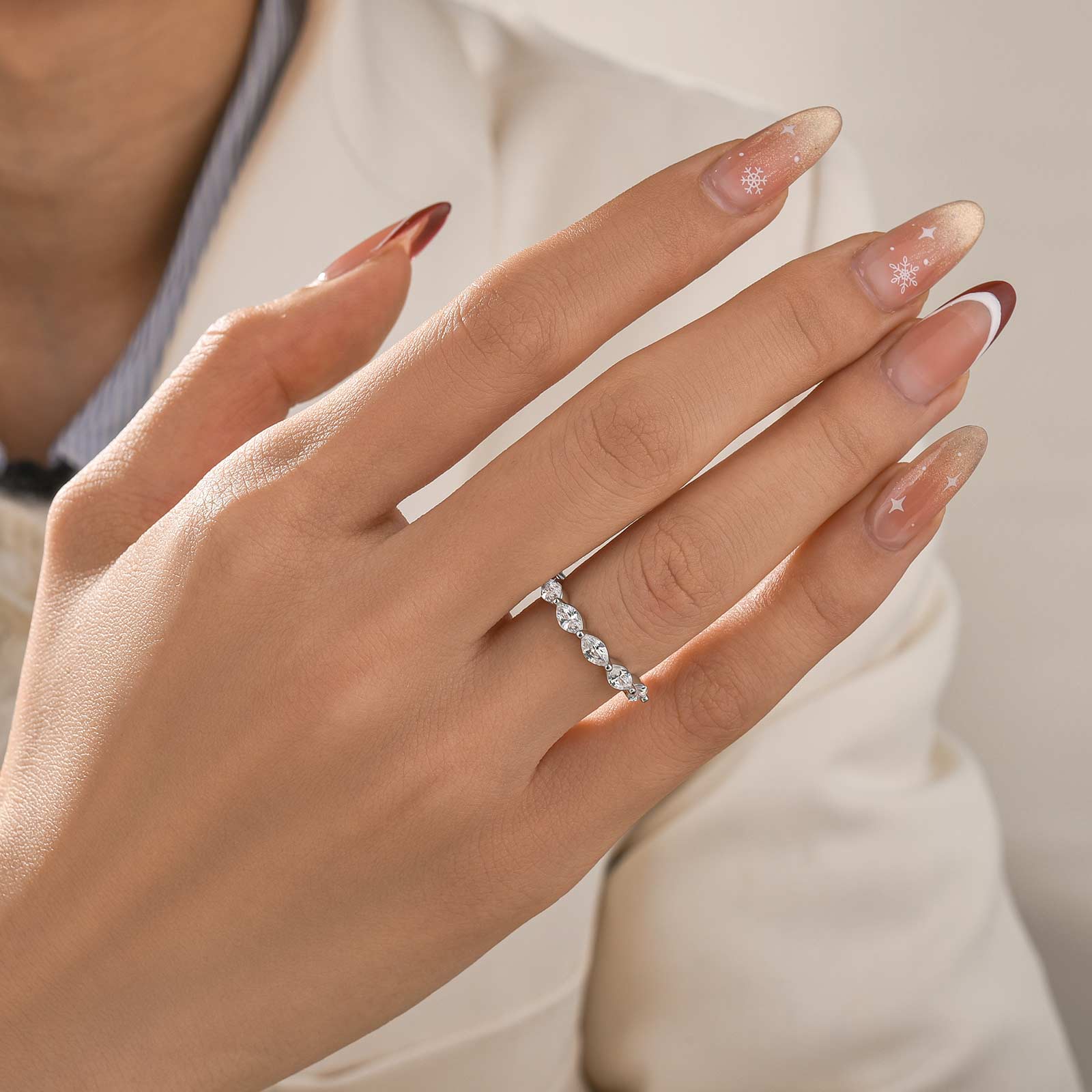 Elegant Marquise Cut Half Wedding Band In Brass - Velirellajewelry