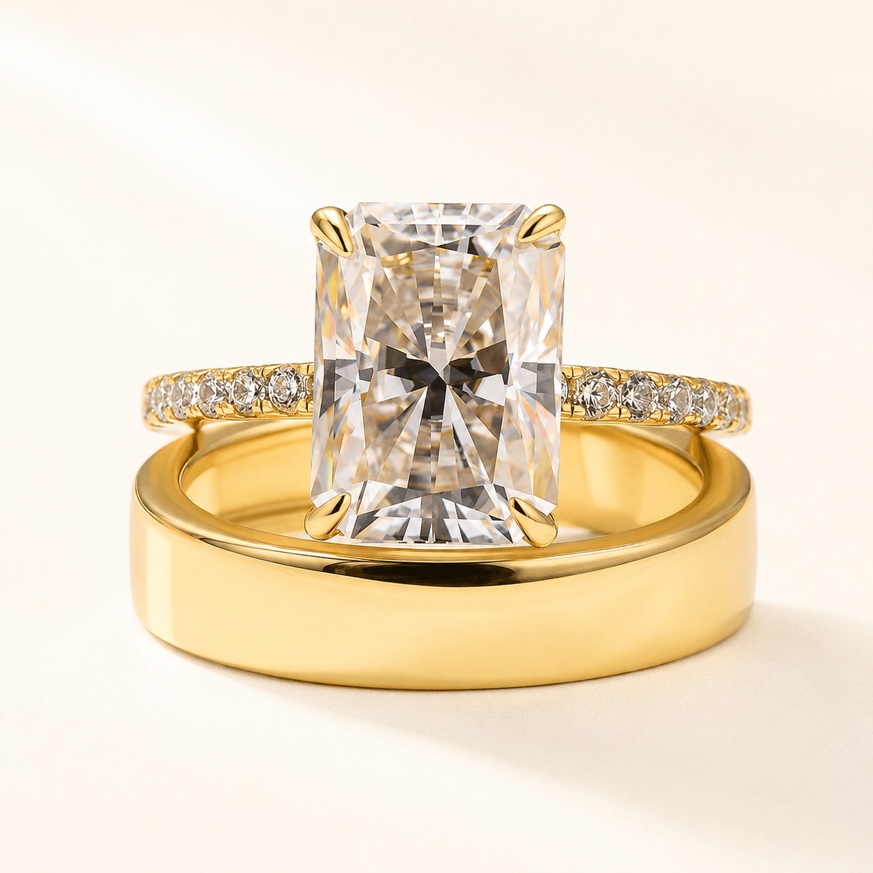 Moissanite 3.5 Ct Radiant Cut Yellow Gold 3PC Stackable Ring Set Date Rings