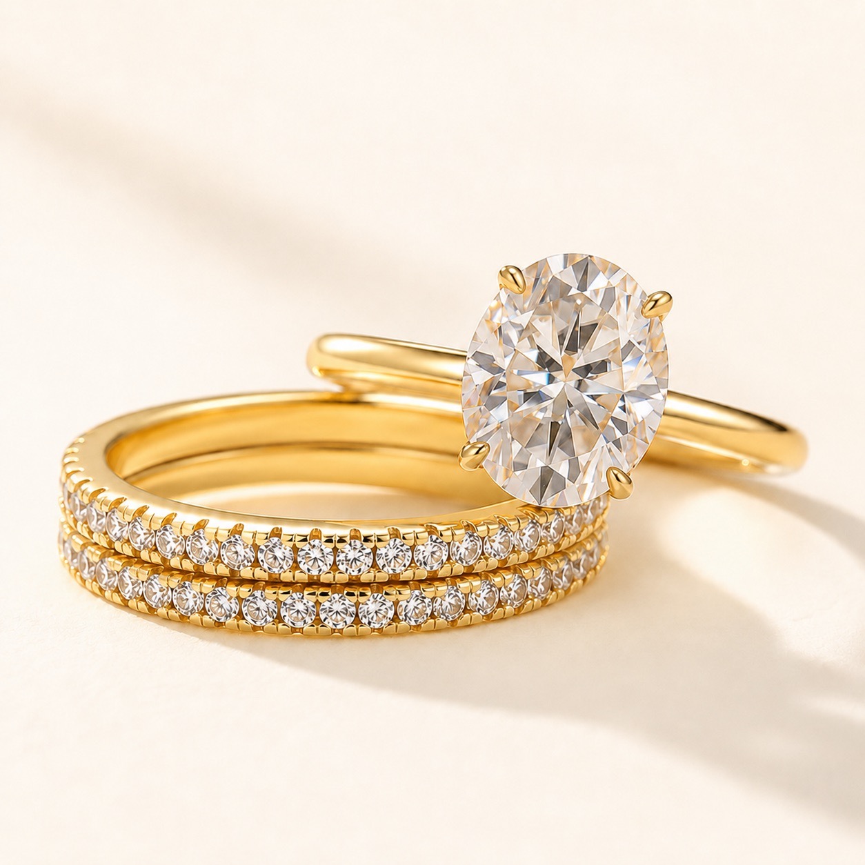 Moissanite Solitaire 2.0 Ct Oval Cut Yellow Gold Stackable Ring Set Travel Rings