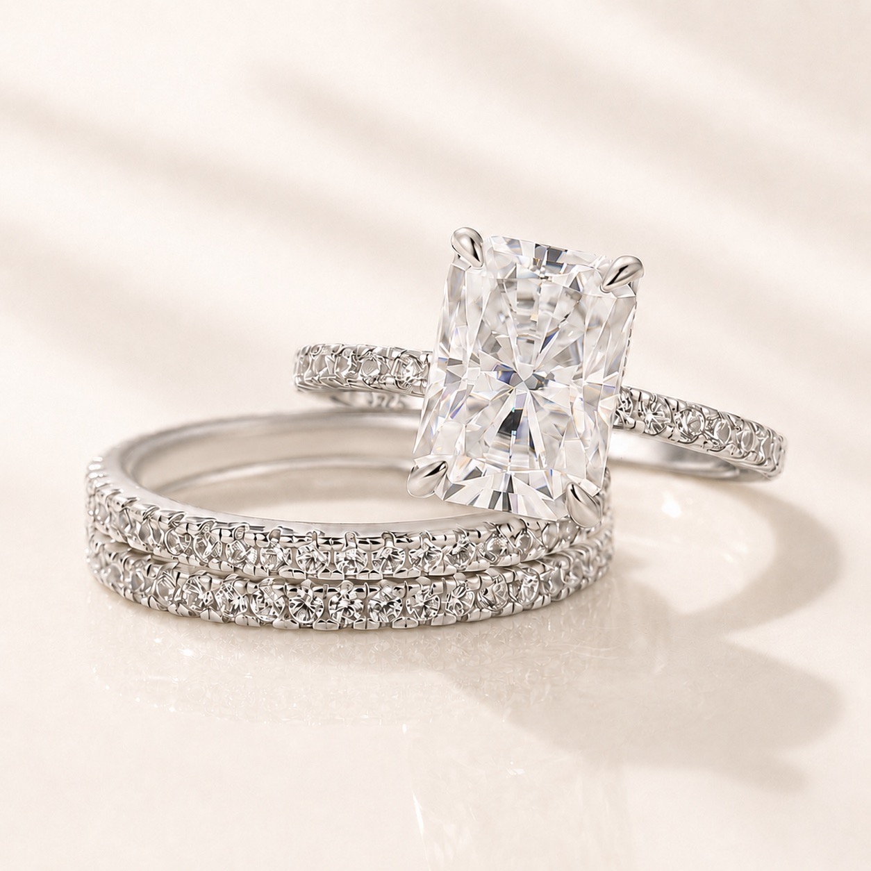 Moissanite 3.5Ct Radiant Cut 3PC White Gold  Stackable Rings For Everyday Wear