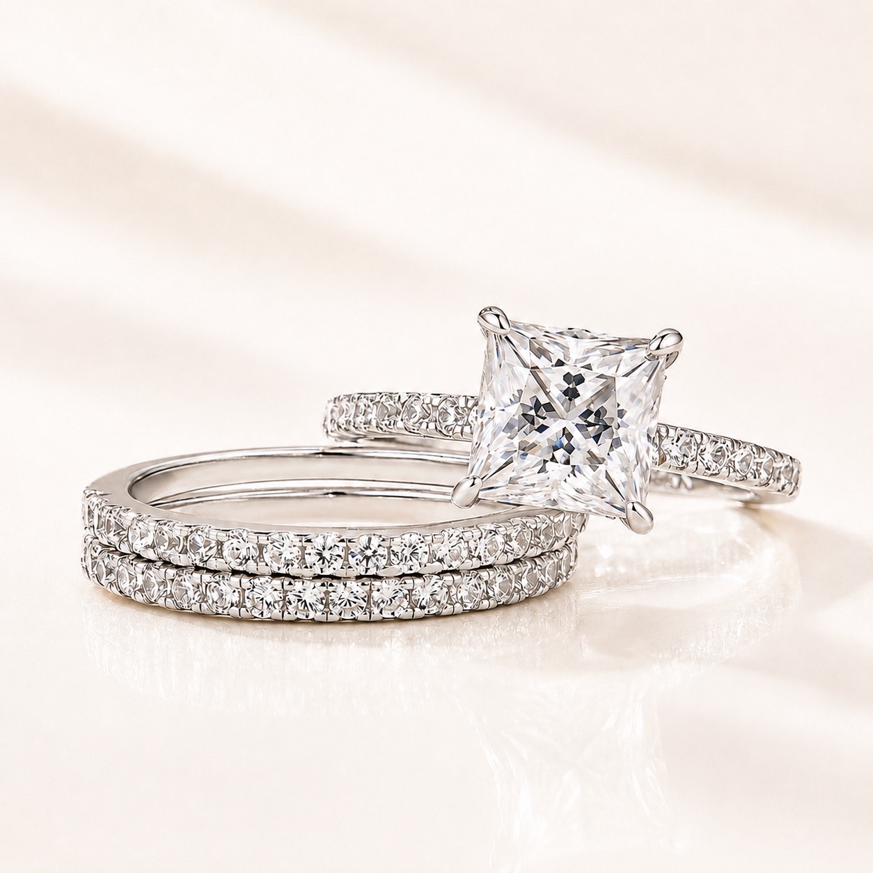 Affordable Moissanite 2.0Ct Princess Cut Pavé White Gold Stackable Ring Set For Women