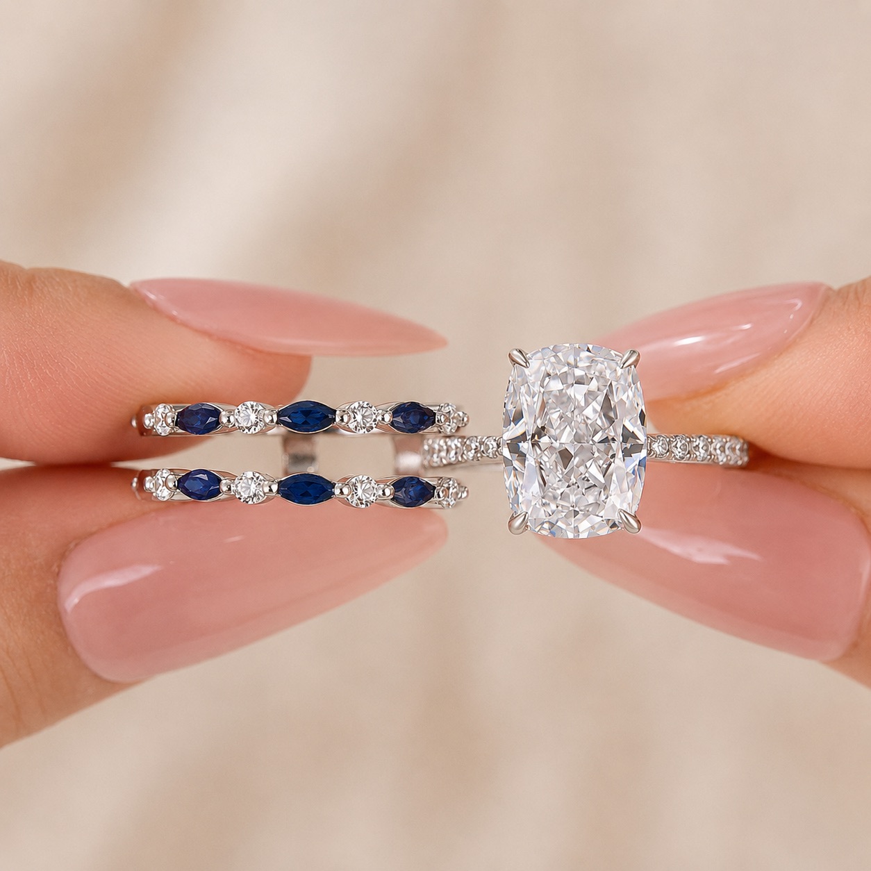 Unique 6.5Ct Cushion Cut Ring With White & Blue Stone Band Enhancer Ring Set For Women