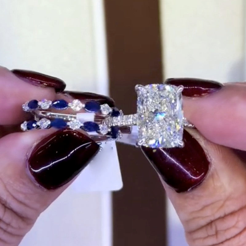6.5Ct Cushion Cut Insert Wedding Ring Set With Unique White & Blue Stone Engagement Ring Enhancer - Velirellajewelry