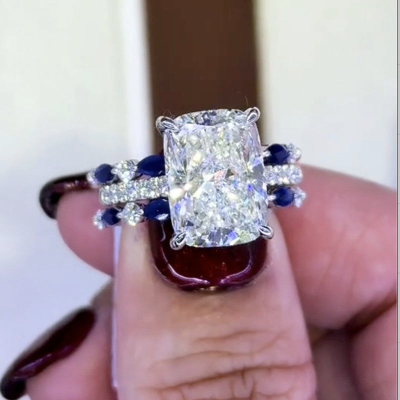 6.5Ct Cushion Cut Insert Wedding Ring Set With Unique White & Blue Stone Engagement Ring Enhancer - Velirellajewelry
