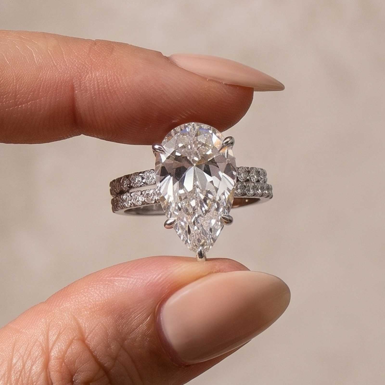 Classic 4.5 Carat Pear Cut Ring & Open Band 2PC Simulated Diamond Stackable Ring Set
