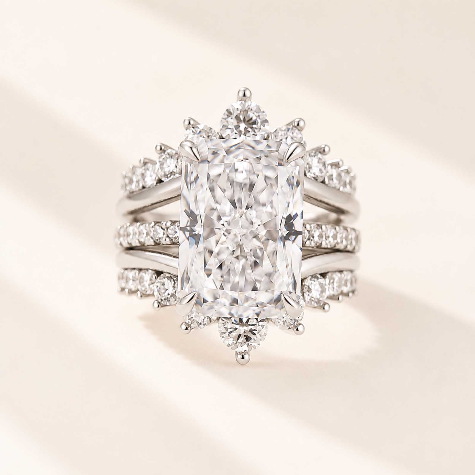 Vintage 7.0 Carat Radiant Cut Ring & Crown-Shaped Band Enhancer Ring Sets For Women
