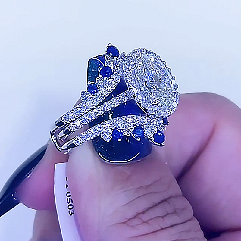 2PC Enhancer Wedding Set 4.0Ct Halo Oval Cut Engagement Ring with Blue & White Stone Wedding Band