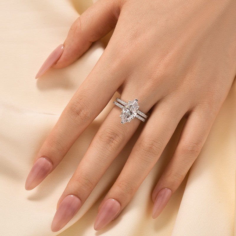4.0Ct Marquise Cut Wedding Ring Set Travel Ring With Classic Wedding Band - Velirellajewelry
