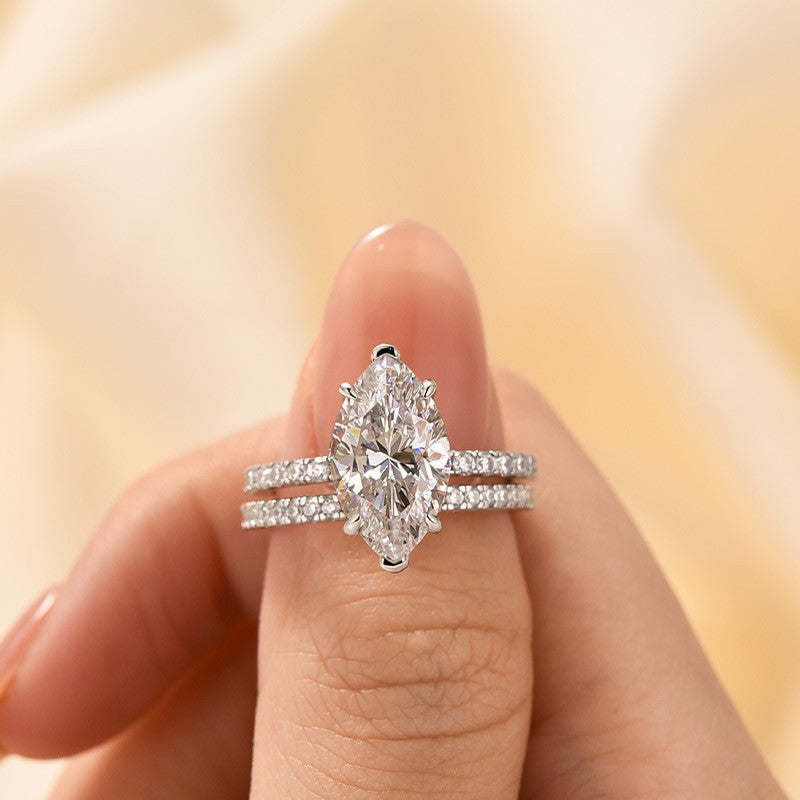 4.0Ct Marquise Cut Wedding Ring Set Travel Ring With Classic Wedding Band - Velirellajewelry