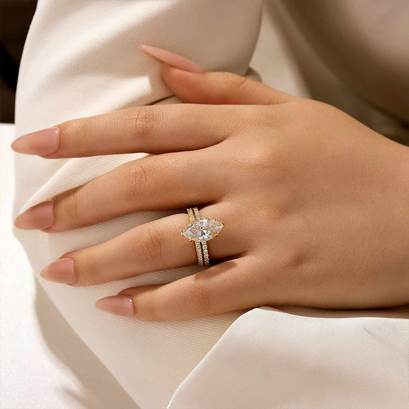 4.0Ct Marquise Cut Wedding Ring Set Travel Ring With Classic Wedding Band - Velirellajewelry