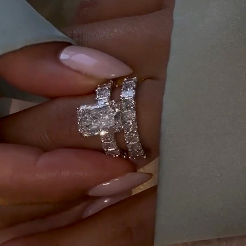 5.0Ct Luxe Radiant Cut Engagement Ring Travel Ring With Radiant Cut Wedding Band - Velirellajewelry