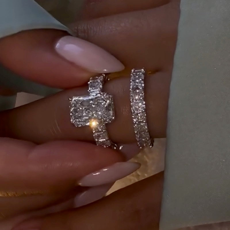 5.0Ct Luxe Radiant Cut Engagement Ring Travel Ring With Radiant Cut Wedding Band - Velirellajewelry