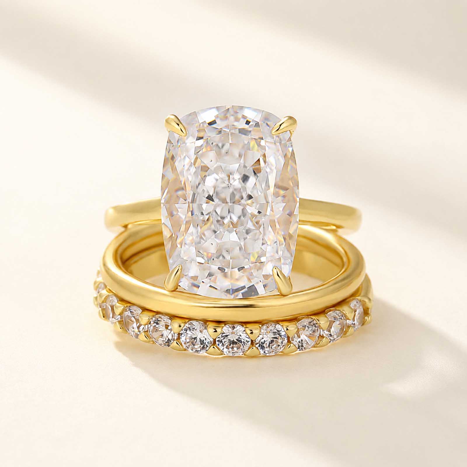 Affordable 3PC 8.5Ct Cushion Cut Hidden Halo Ring with Round&Simple Bands Stackable Ring Set