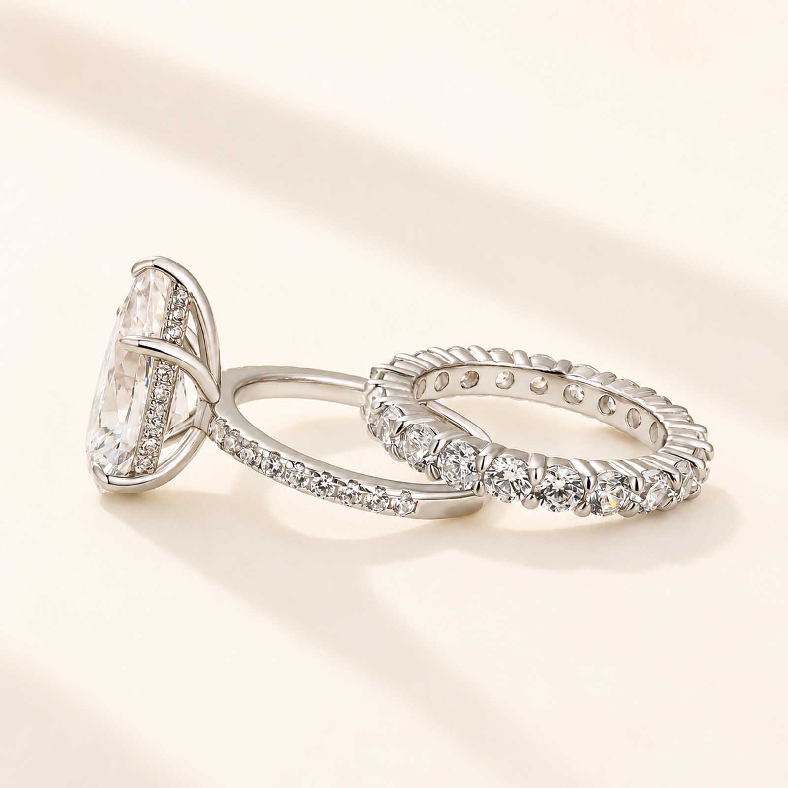Classic 4.5Ct Pear Cut Ring & Round Cut Eternity Band Stackable Ring Sets For Daily Wear