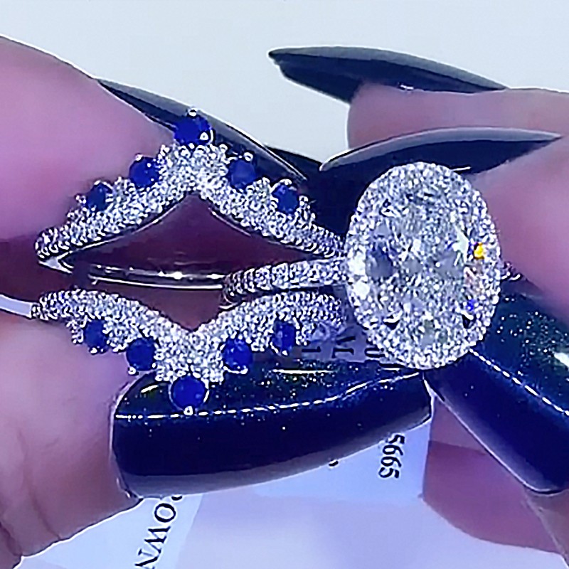 2PC Enhancer Wedding Set 4.0Ct Halo Oval Cut Engagement Ring with Blue & White Stone Wedding Band