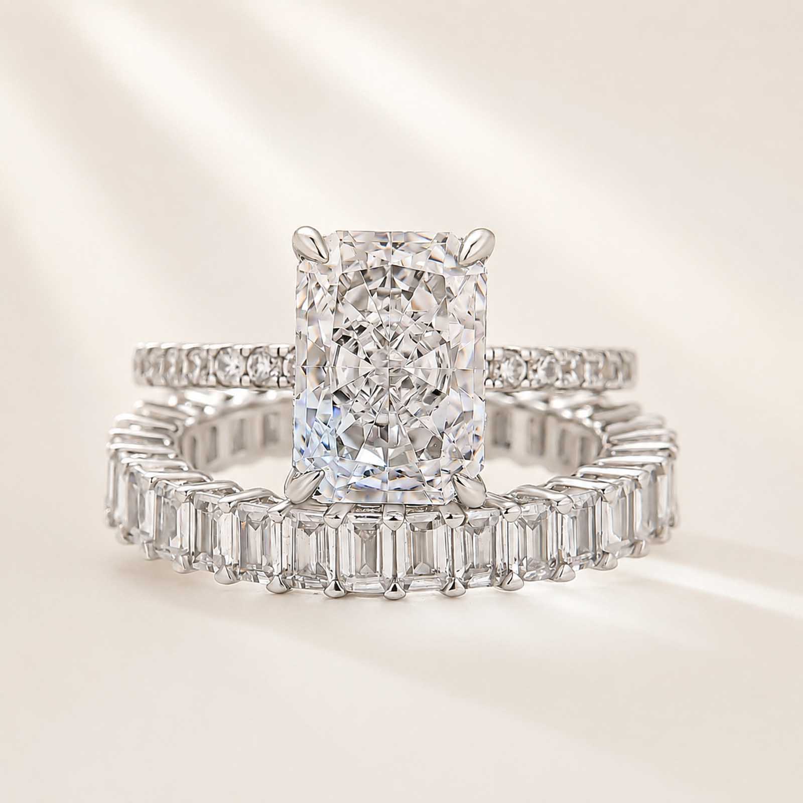 Classic 3.5Ct Radiant Cut Hidden Halo Ring & Emerald Cut Band Stackable Ring Set Travel Rings
