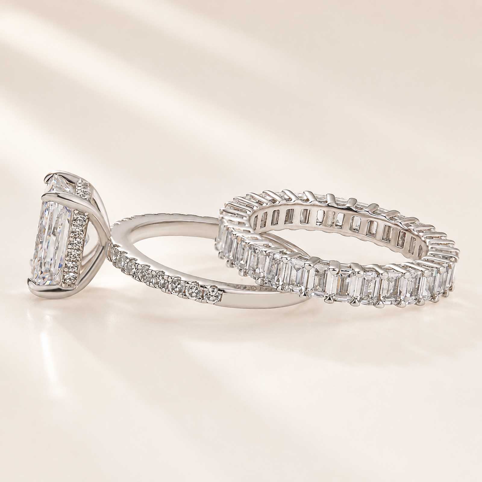 Classic 3.5Ct Radiant Cut Hidden Halo Ring & Emerald Cut Band Stackable Ring Set Travel Rings