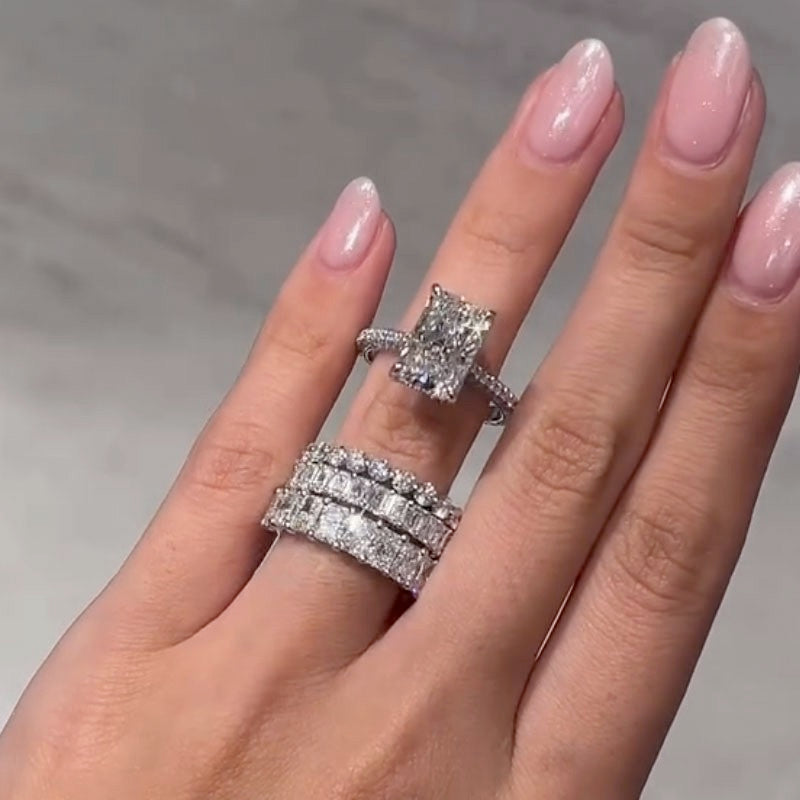 4PC 5.0Ct Radiant Cut Wedding Ring Set With Luxe Wedding Bands - Velirellajewelry