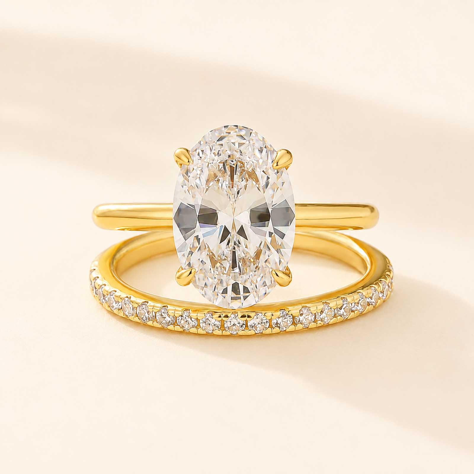 Classic 4.0Ct Oval Cut Hidden Halo Ring & Half Eternity Band Stackable Ring Set For Daily Wear