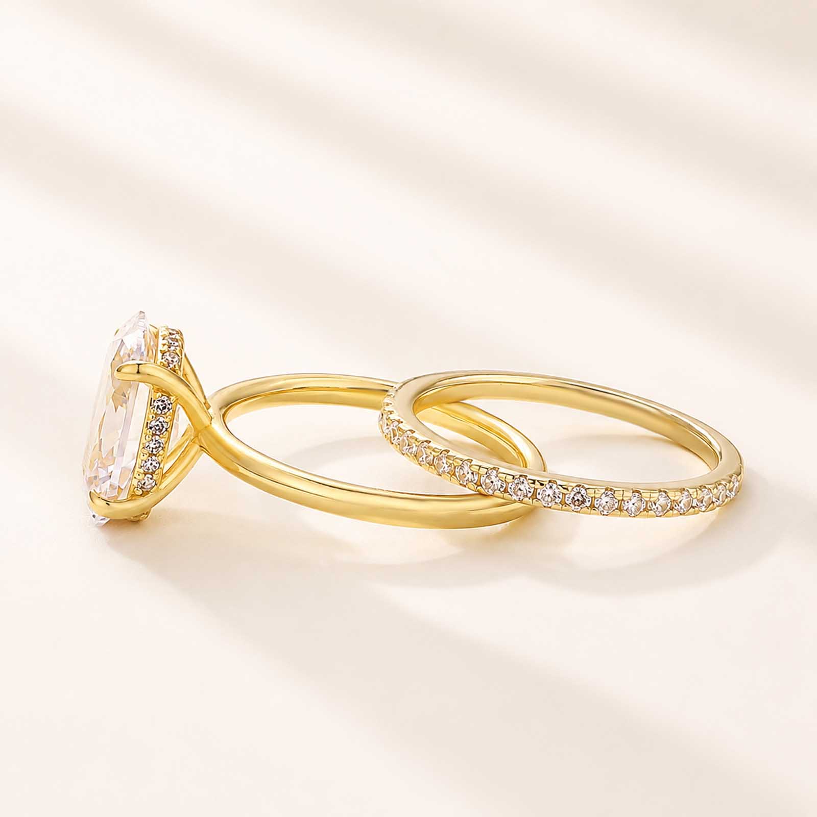 Classic 4.0Ct Oval Cut Hidden Halo Ring & Half Eternity Band Stackable Ring Set For Daily Wear