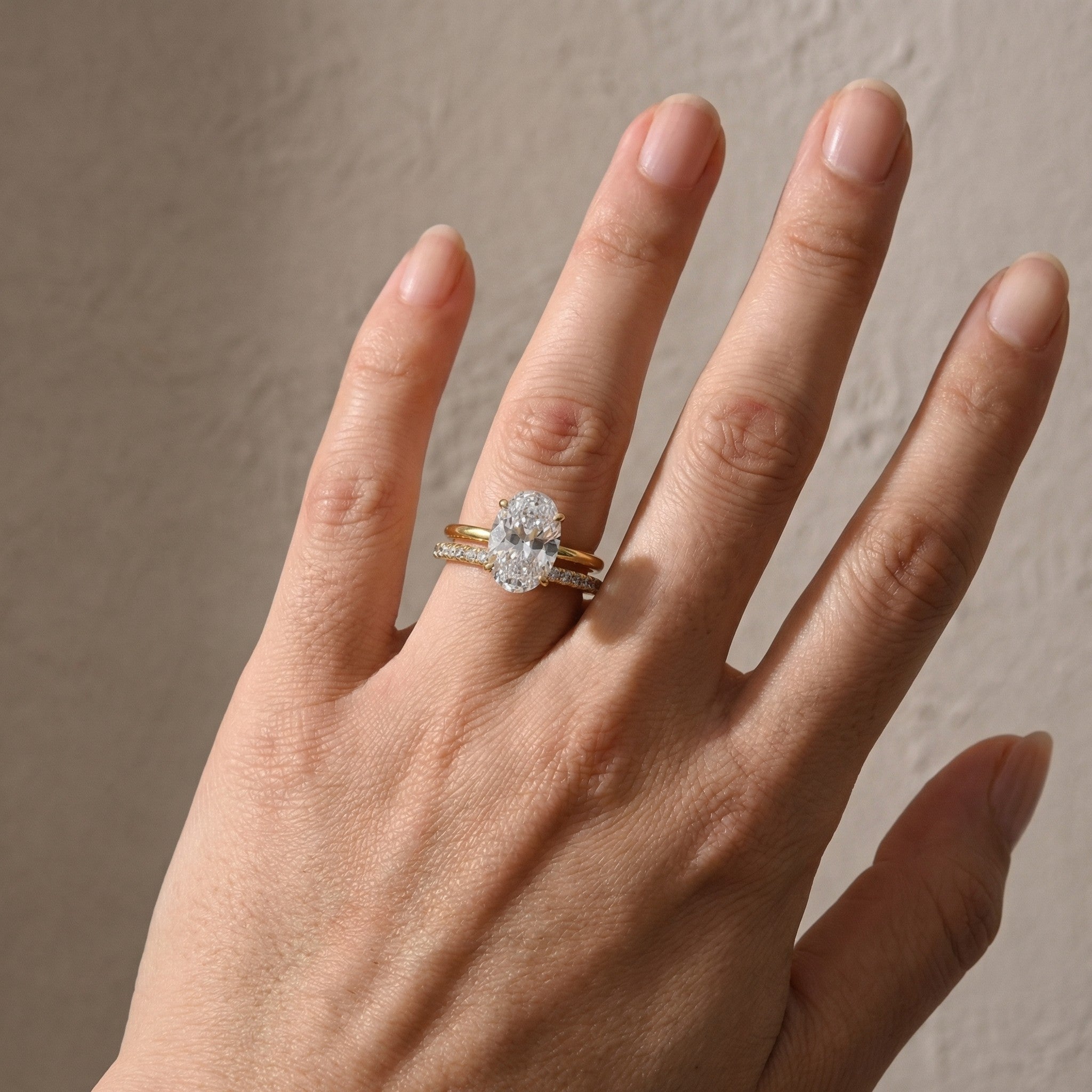 Classic 4.0Ct Oval Cut Hidden Halo Ring & Half Eternity Band Stackable Ring Set For Daily Wear