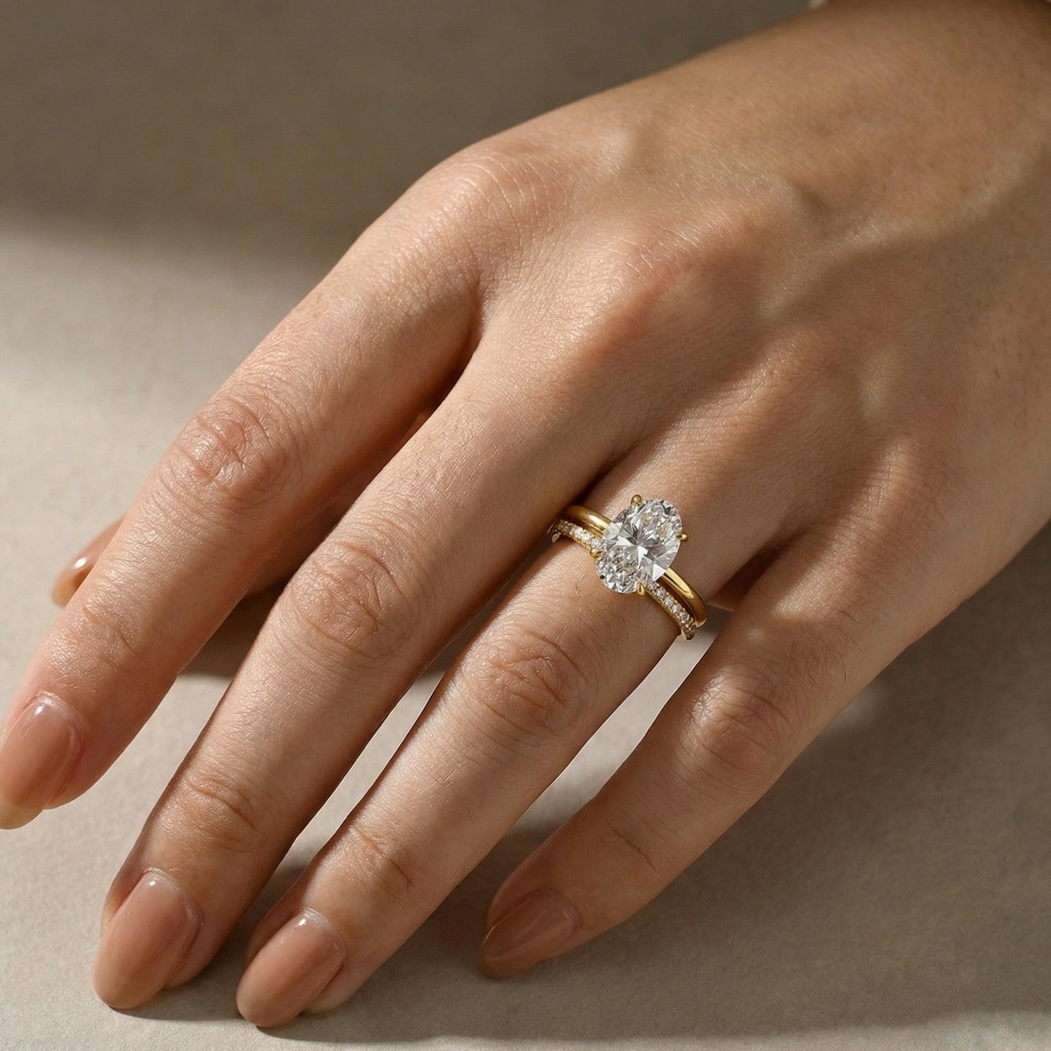 Classic 4.0Ct Oval Cut Hidden Halo Ring & Half Eternity Band Stackable Ring Set For Daily Wear