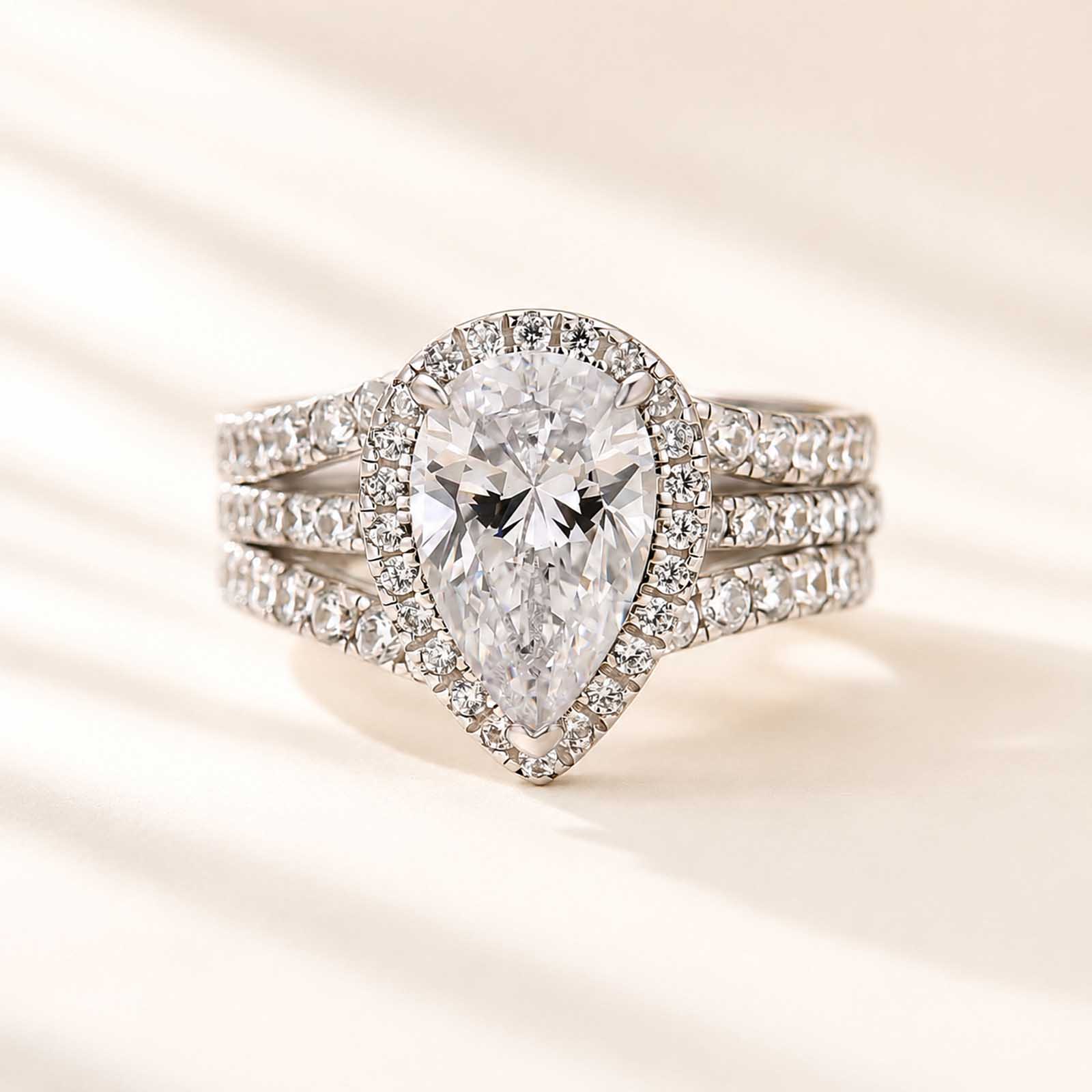 Vintage 2.5Ct Halo Pear Cut Ring & Round Cut Band Stackable Enhancer Ring Set For Daily Wear