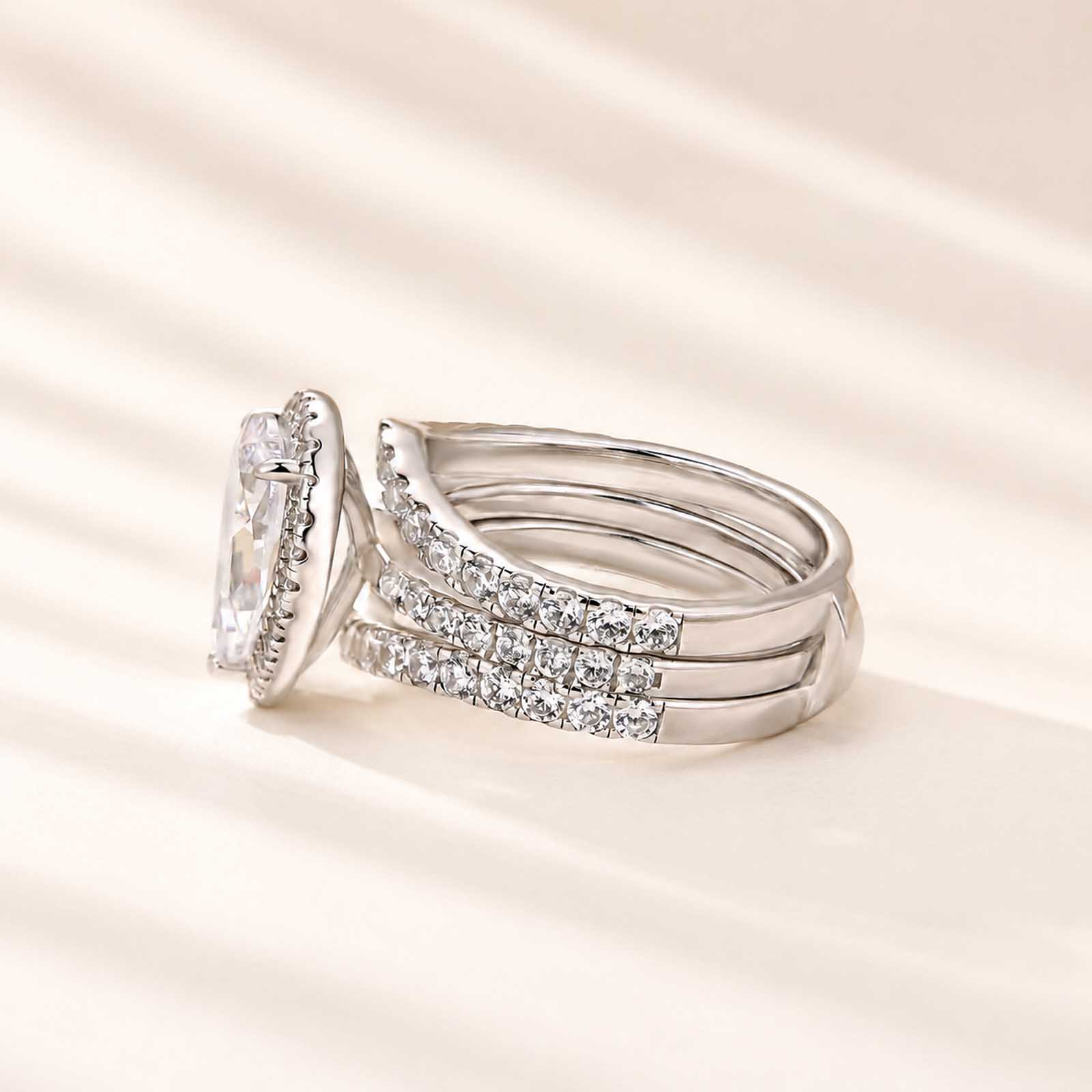 Vintage 2.5Ct Halo Pear Cut Ring & Round Cut Band Stackable Enhancer Ring Set For Daily Wear